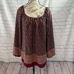 Bobeau Women’s Boho Boat Neck Long Sleeve Burgundy Tile Print Peasant Top Sz M